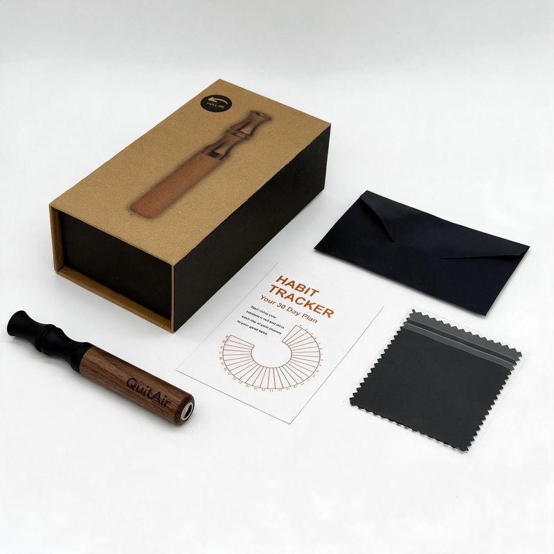 Ausführung Umbra: dunkles Walnussholz mit schwarzem Aufsatz, daneben Box, Habit-Tracker-Karte, Umschlag und Reinigungstuch.